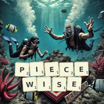 Creative illustration for a Scrabble game with the word PIECEWISE spelled out in tiles on the board.