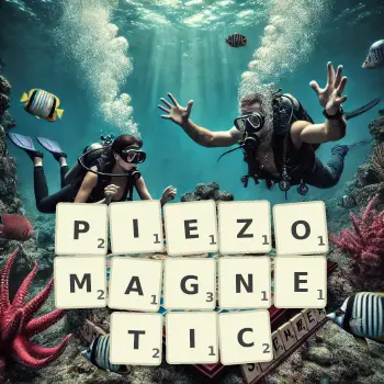 Creative illustration for a Scrabble game with the word PIEZOMAGNETIC spelled out in tiles on the board.