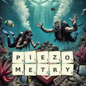 Creative illustration for a Scrabble game with the word PIEZOMETRY spelled out in tiles on the board.