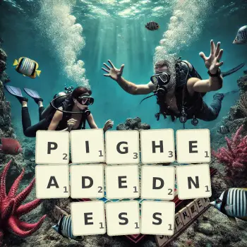 Creative illustration for a Scrabble game with the word PIGHEADEDNESS spelled out in tiles on the board.