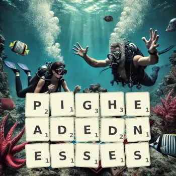 Creative illustration for a Scrabble game with the word PIGHEADEDNESSES spelled out in tiles on the board.
