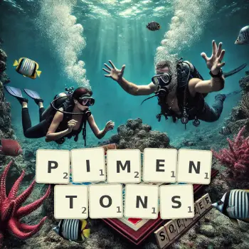 Creative illustration for a Scrabble game with the word PIMENTONS spelled out in tiles on the board.