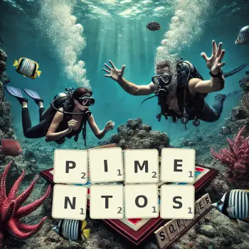 Creative illustration for a Scrabble game with the word PIMENTOS spelled out in tiles on the board.