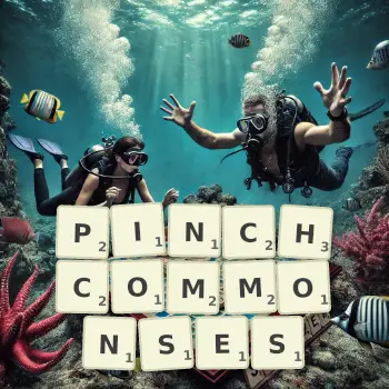 Creative illustration for a Scrabble game with the word PINCHCOMMONSES spelled out in tiles on the board.