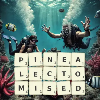 Creative illustration for a Scrabble game with the word PINEALECTOMISED spelled out in tiles on the board.