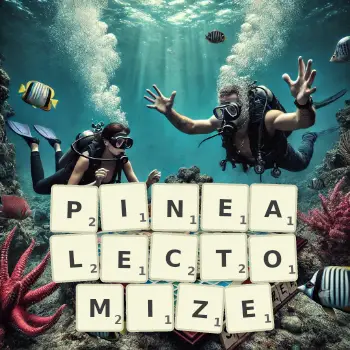 Creative illustration for a Scrabble game with the word PINEALECTOMIZE spelled out in tiles on the board.