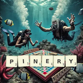 Creative illustration for a Scrabble game with the word PINERY spelled out in tiles on the board.