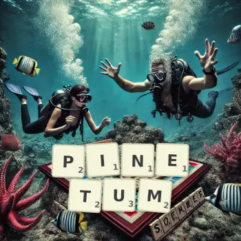 Creative illustration for a Scrabble game with the word PINETUM spelled out in tiles on the board.