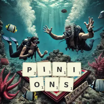 Creative illustration for a Scrabble game with the word PINIONS spelled out in tiles on the board.