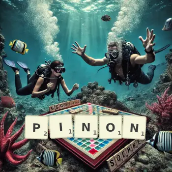 Creative illustration for a Scrabble game with the word PINON spelled out in tiles on the board.