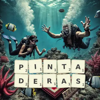 Creative illustration for a Scrabble game with the word PINTADERAS spelled out in tiles on the board.