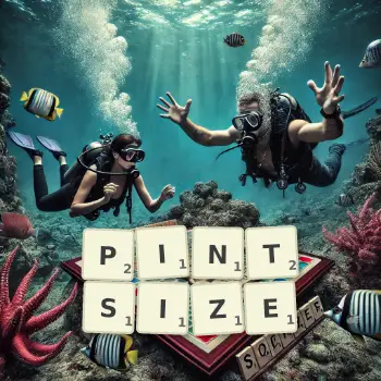 Creative illustration for a Scrabble game with the word PINTSIZE spelled out in tiles on the board.