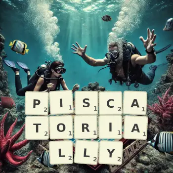 Creative illustration for a Scrabble game with the word PISCATORIALLY spelled out in tiles on the board.