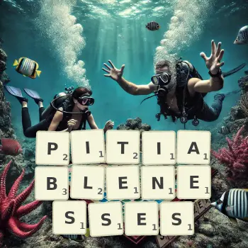 Creative illustration for a Scrabble game with the word PITIABLENESSES spelled out in tiles on the board.