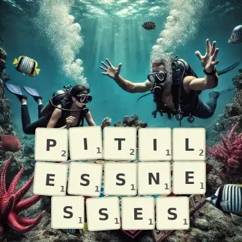 Creative illustration for a Scrabble game with the word PITILESSNESSES spelled out in tiles on the board.