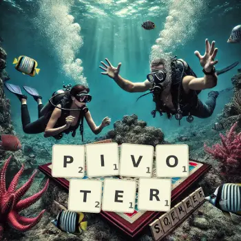 Creative illustration for a Scrabble game with the word PIVOTER spelled out in tiles on the board.