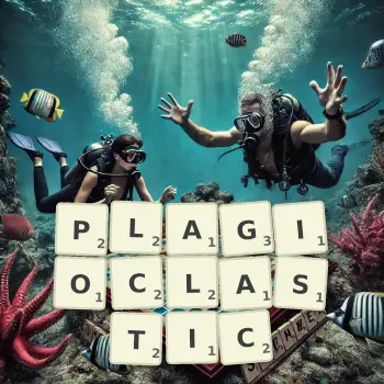 Creative illustration for a Scrabble game with the word PLAGIOCLASTIC spelled out in tiles on the board.