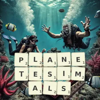 Creative illustration for a Scrabble game with the word PLANETESIMALS spelled out in tiles on the board.