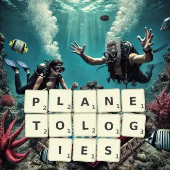 Creative illustration for a Scrabble game with the word PLANETOLOGIES spelled out in tiles on the board.