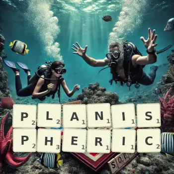 Creative illustration for a Scrabble game with the word PLANISPHERIC spelled out in tiles on the board.