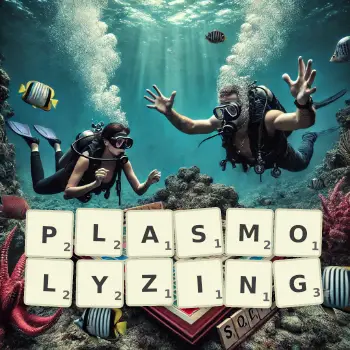 Creative illustration for a Scrabble game with the word PLASMOLYZING spelled out in tiles on the board.