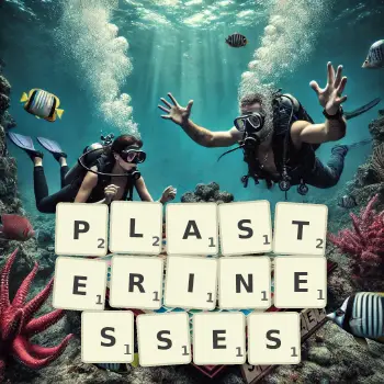 Creative illustration for a Scrabble game with the word PLASTERINESSES spelled out in tiles on the board.