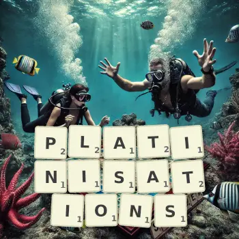 Creative illustration for a Scrabble game with the word PLATINISATIONS spelled out in tiles on the board.