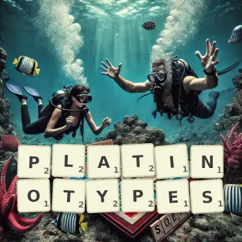 Creative illustration for a Scrabble game with the word PLATINOTYPES spelled out in tiles on the board.