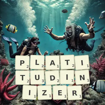 Creative illustration for a Scrabble game with the word PLATITUDINIZER spelled out in tiles on the board.