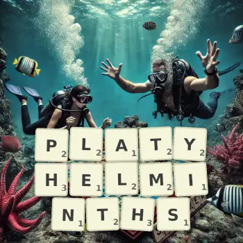Creative illustration for a Scrabble game with the word PLATYHELMINTHS spelled out in tiles on the board.
