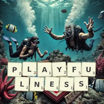 Creative illustration for a Scrabble game with the word PLAYFULNESS spelled out in tiles on the board.