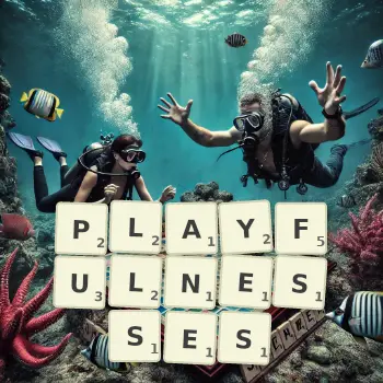 Creative illustration for a Scrabble game with the word PLAYFULNESSES spelled out in tiles on the board.