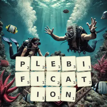 Creative illustration for a Scrabble game with the word PLEBIFICATION spelled out in tiles on the board.
