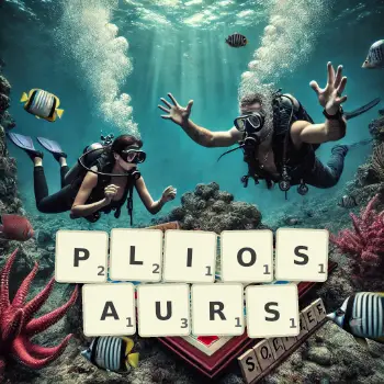 Creative illustration for a Scrabble game with the word PLIOSAURS spelled out in tiles on the board.