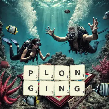 Creative illustration for a Scrabble game with the word PLONGING spelled out in tiles on the board.