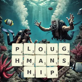 Creative illustration for a Scrabble game with the word PLOUGHMANSHIP spelled out in tiles on the board.