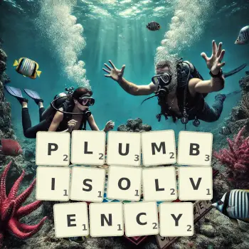 Creative illustration for a Scrabble game with the word PLUMBISOLVENCY spelled out in tiles on the board.
