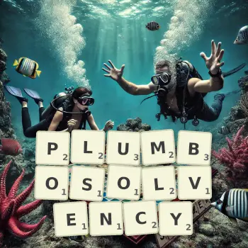 Creative illustration for a Scrabble game with the word PLUMBOSOLVENCY spelled out in tiles on the board.