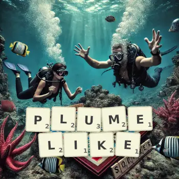 Creative illustration for a Scrabble game with the word PLUMELIKE spelled out in tiles on the board.