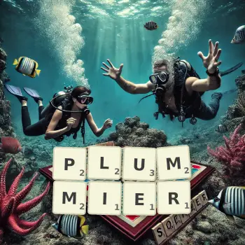 Creative illustration for a Scrabble game with the word PLUMMIER spelled out in tiles on the board.