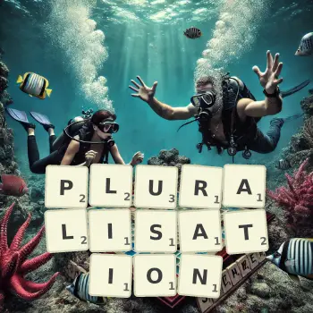 Creative illustration for a Scrabble game with the word PLURALISATION spelled out in tiles on the board.