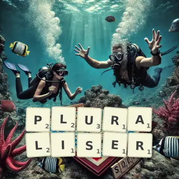 Creative illustration for a Scrabble game with the word PLURALISER spelled out in tiles on the board.