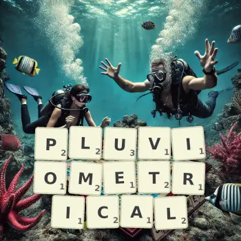 Creative illustration for a Scrabble game with the word PLUVIOMETRICAL spelled out in tiles on the board.