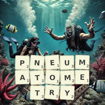 Creative illustration for a Scrabble game with the word PNEUMATOMETRY spelled out in tiles on the board.