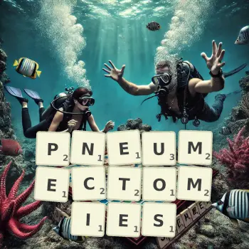 Creative illustration for a Scrabble game with the word PNEUMECTOMIES spelled out in tiles on the board.