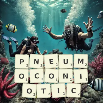 Creative illustration for a Scrabble game with the word PNEUMOCONIOTIC spelled out in tiles on the board.