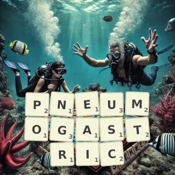Creative illustration for a Scrabble game with the word PNEUMOGASTRIC spelled out in tiles on the board.
