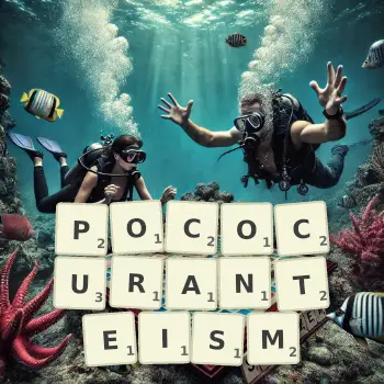 Creative illustration for a Scrabble game with the word POCOCURANTEISM spelled out in tiles on the board.