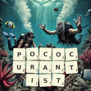 Creative illustration for a Scrabble game with the word POCOCURANTIST spelled out in tiles on the board.