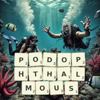 Creative illustration for a Scrabble game with the word PODOPHTHALMOUS spelled out in tiles on the board.